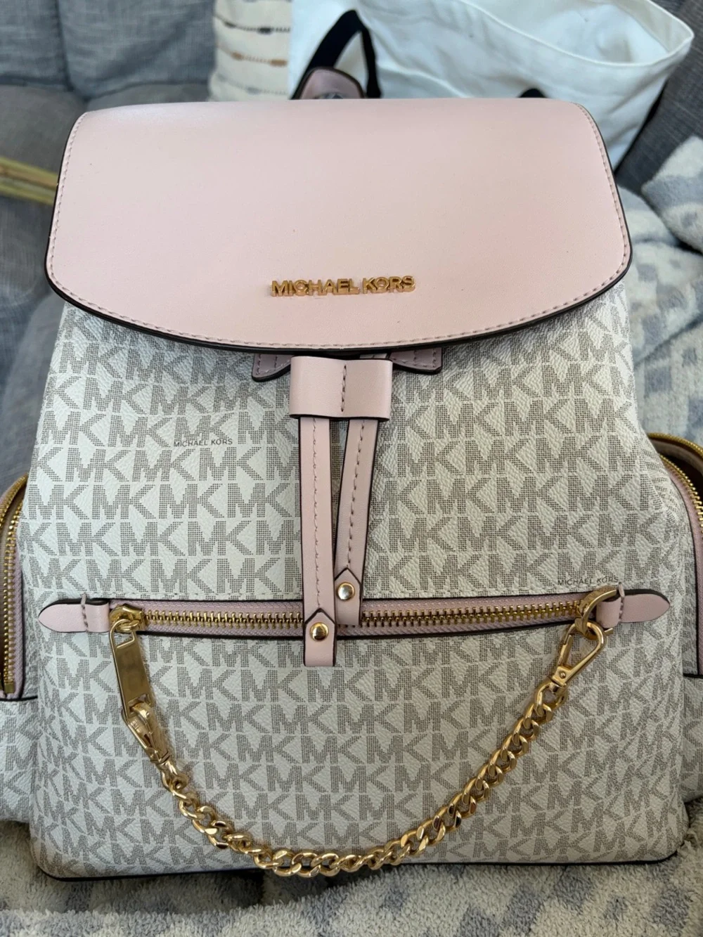 Michael Kors Blush Pink and Beige MK Logo Backpack